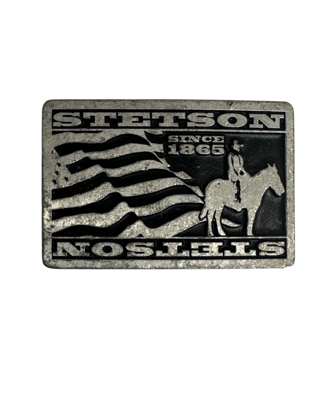 Stetson Silver-Tone American Flag & Rider Belt Buckle Vintage Rodeo Americana